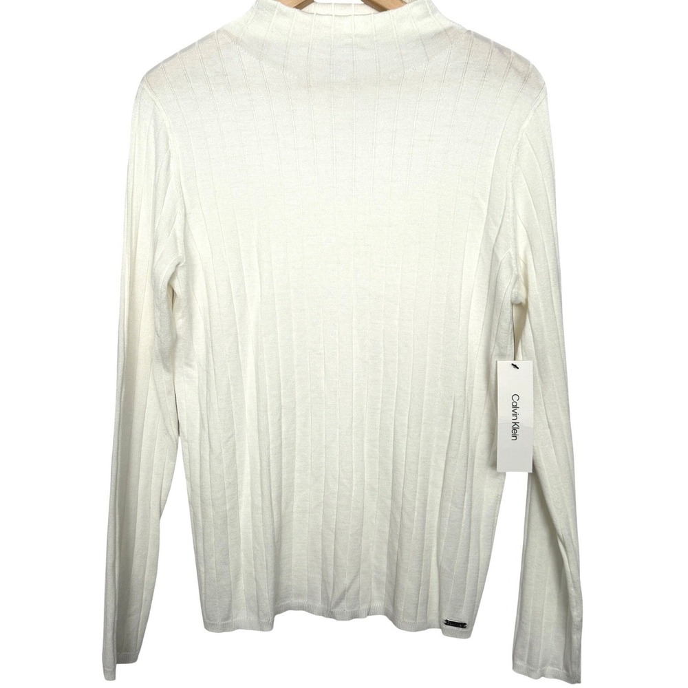 Calvin Klein Mock Neck Sweater NWT Womens M Creamy White Ribbed Knit Long Sleeve